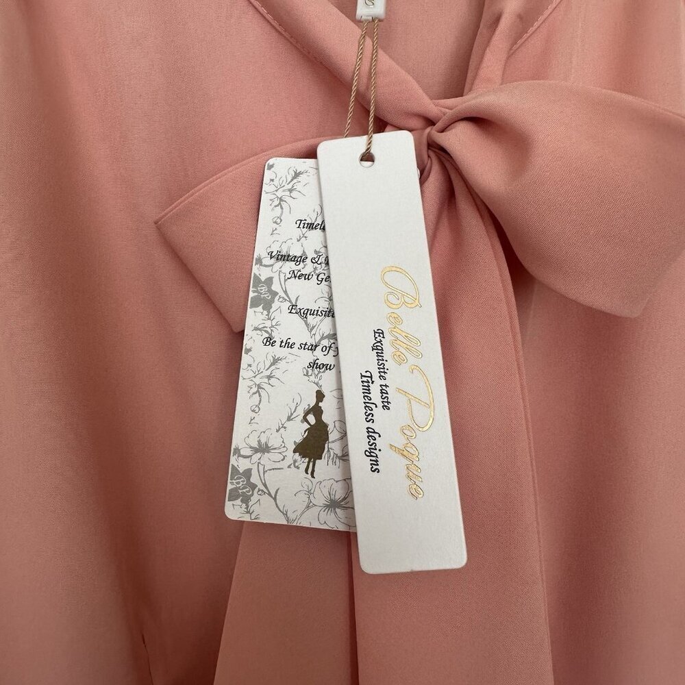 NWT Pink Office Chic Neck Bow Blouse Top Women L Button Shirt Short Sleeve - Picture 3 of 8